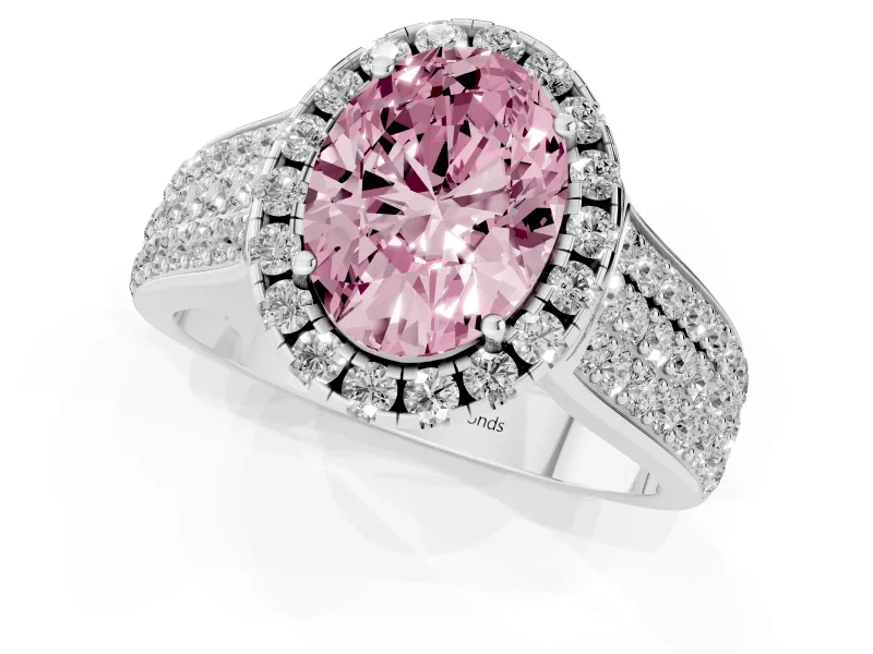Fancy Pink Oval Cut Diamond Halo Ring Set in White gold with Pavé Band and Raised Center Setting