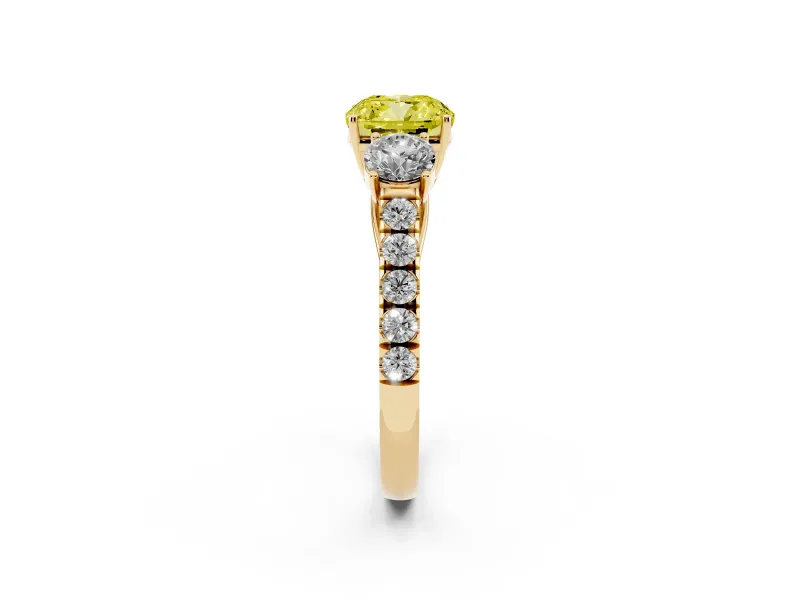 Cushion Cut Engagement Ring Setting for a Fancy Yellow Lab-Grown Diamond | Three Stone | Yellow Gold