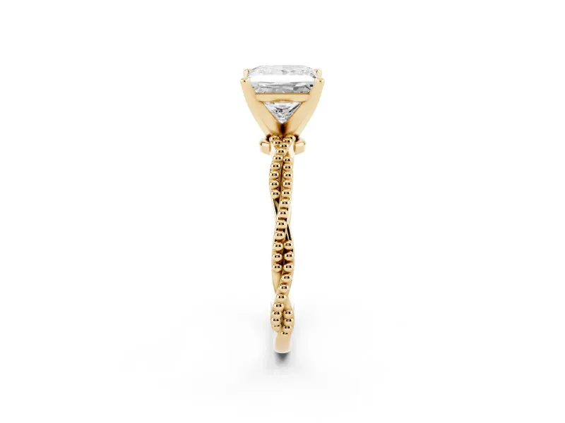 Princess Cut Diamond Solitaire Ring Set in Yellow gold with Twisted Band and Bead Prong Setting