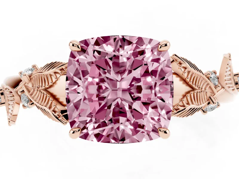 Cushion Cut Leaf Solitaire Engagement Ring Setting for a Fancy Pink Lab-Grown Diamond | Rose Gold