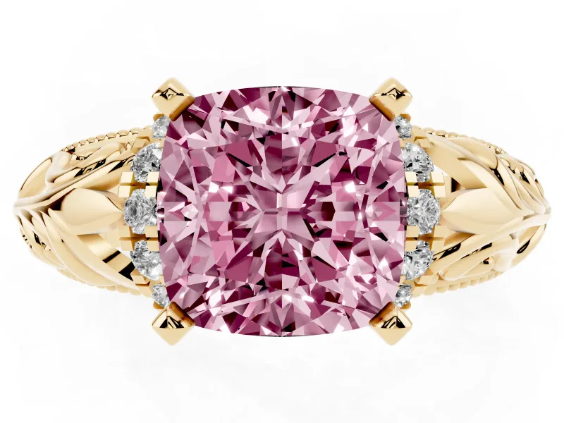 Fancy Pink Cushion Cut Diamond Filigree Halo Engagement Ring Set in Yellow gold with Prong Setting