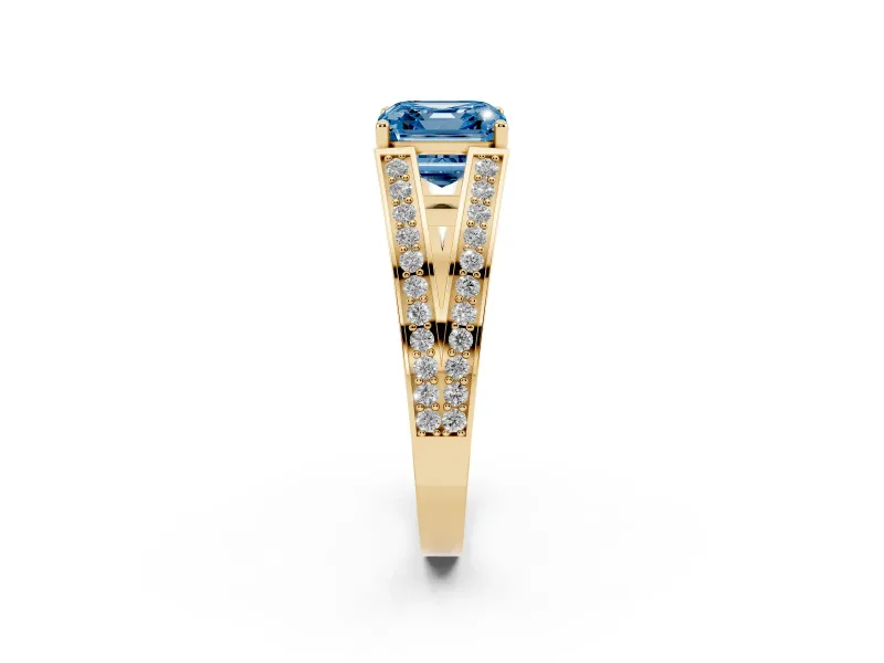 Fancy Blue Asscher Cut Diamond Split Shank Ring Set in Yellow gold with Pavé Band and Prong Setting
