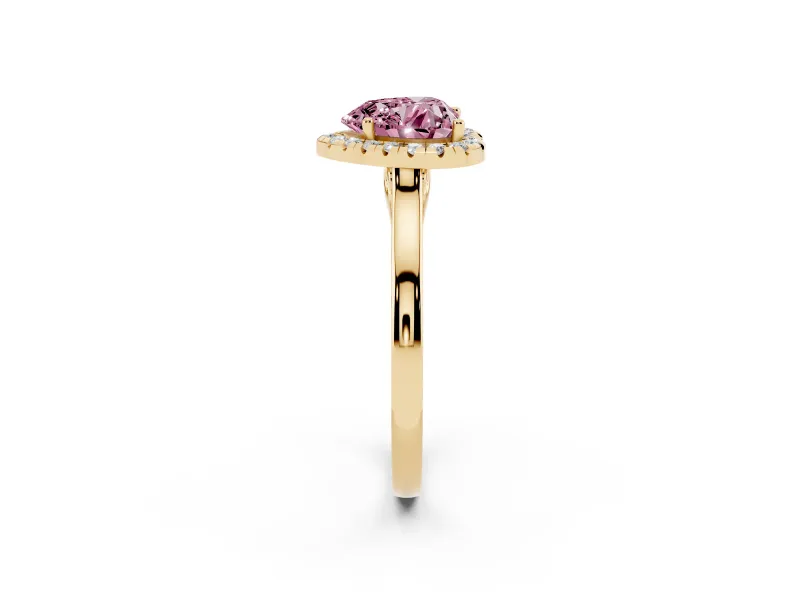 Fancy Pink Heart Cut Halo Round Diamond Solitaire Ring Set in Yellow gold with Pavé Band and Prong Setting