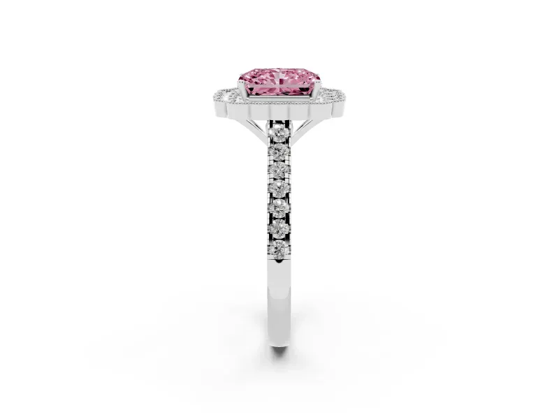 Fancy Pink Radiant Cut Diamond Milgrain Floral Halo Engagement Ring Set in White gold with Pavé Band