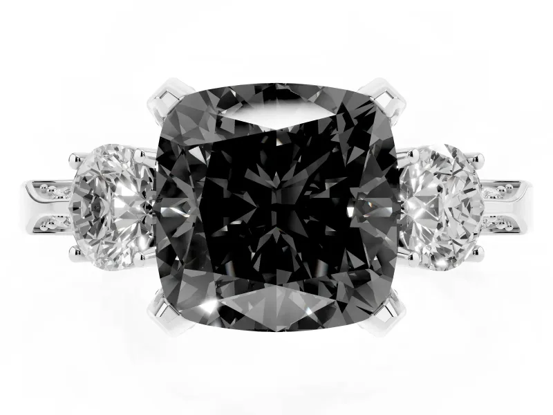 Cushion Cut Hidden Halo Three Stone Engagement Ring Setting for a Black Center | Platinum