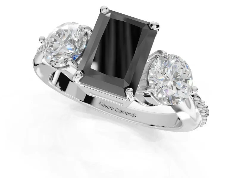 Fancy Black Radiant Cut Lab-Grown Diamond Three-Stone Ring Set in Platinum with Channel-Set Band and Prong Setting