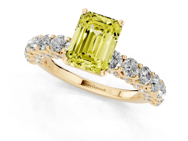 Emerald Cut Shared Prong Engagement Ring Setting for a Fancy Yellow Lab-Grown Diamond | Yellow Gold