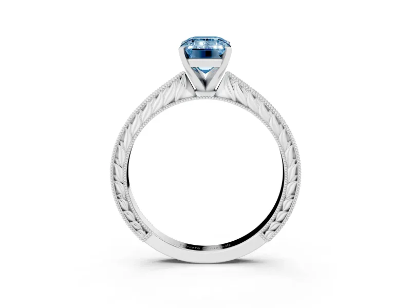 Fancy Blue Emerald Cut Diamond Solitaire Milgrain Engraved Band Set in White gold with Prong Setting