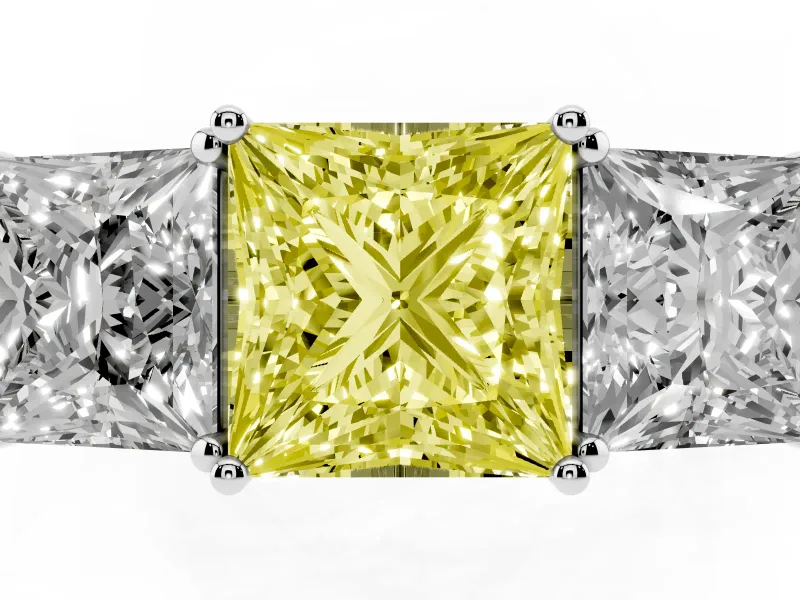 Princess Cut Three Stone Engagement Ring Setting for a Fancy Yellow Lab-Grown Diamond | Beaded Shoulders | Platinum
