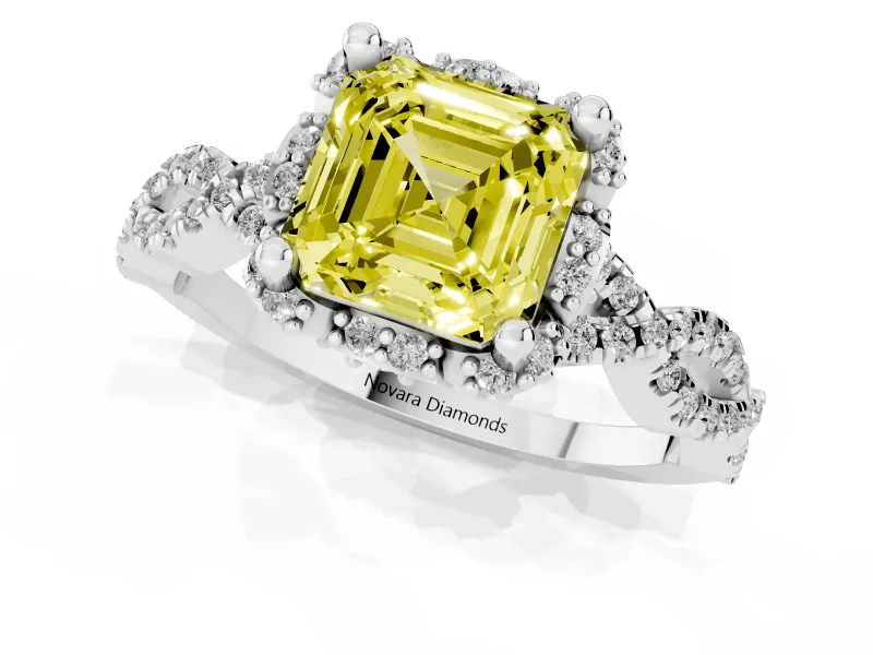 Fancy Yellow Asscher Cut Diamond Halo Twist Band Solitaire Ring Set in Silver with Prong-Set Center Stone