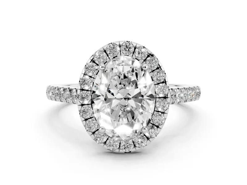 Oval Cut Diamond Halo Pavé Engagement Ring Set in Platinum with Prong Setting