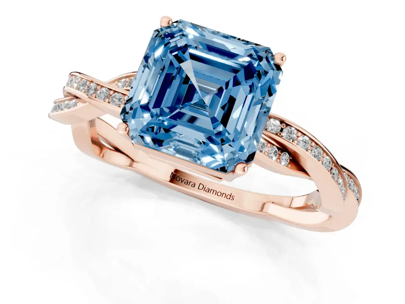 Asscher Cut Twisted Pavé Solitaire Engagement Ring Setting for a Fancy Blue Lab-Grown Diamond | Open Basket | Rose Gold