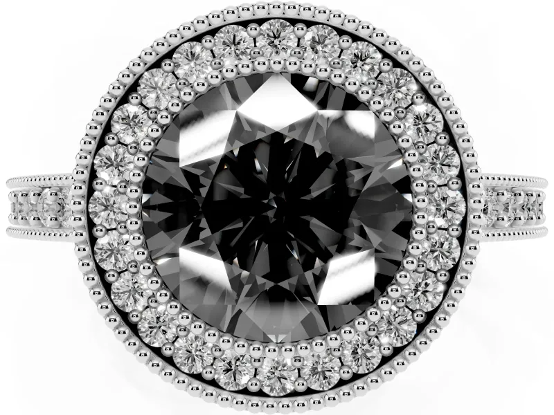 Fancy Black Round Cut Diamond Halo Engagement Ring Set in Platinum with Pavé Band and Round Halo Stones