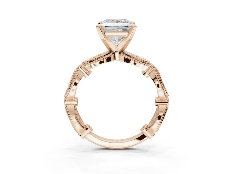 Princess Cut Vintage Milgrain Engagement Ring Setting | Graduated Stations | Rose Gold