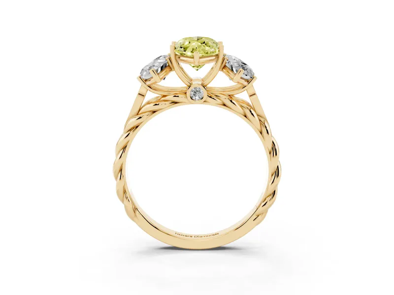 Fancy Yellow Marquise Cut Diamond Three-Stone Ring Set in Yellow gold with Braided Band