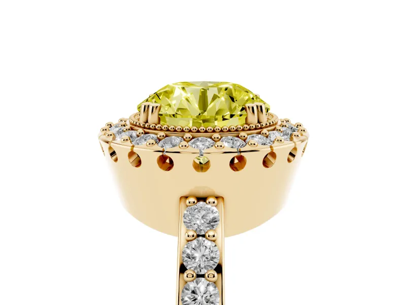 Round Vintage Milgrain Halo Engagement Ring Setting for a Fancy Yellow Lab-Grown Diamond | Pierced Gallery | Yellow Gold