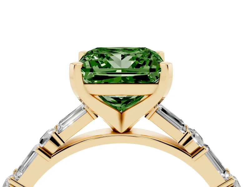 Fancy Green Princess Cut Diamond Solitaire Set in Yellow gold with Side Baguettes and Channel Set Band