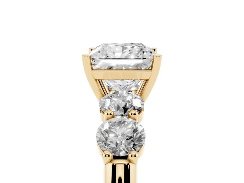 Princess Cut Five Stone Engagement Ring Setting | Prong Set Side Stones | Yellow Gold