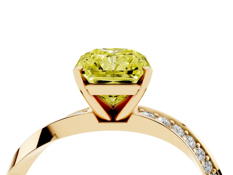 Fancy Yellow Radiant Cut Diamond Engagement Ring Set in Yellow gold with Side Stone Accents and Prong Setting