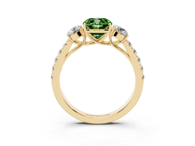 Fancy Green Cushion Cut Diamond Three-Stone Ring Set in Yellow gold with Round Side Stones and Delicate Pavé Band