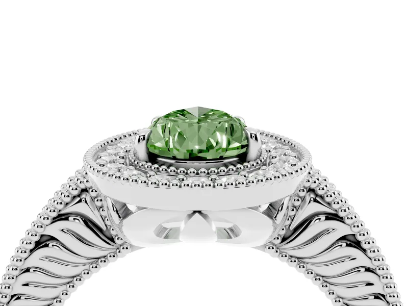 Fancy Green Pear Cut Diamond Halo Ring Set in White gold with Round Accent Halo, Pavé Band and Prong Setting