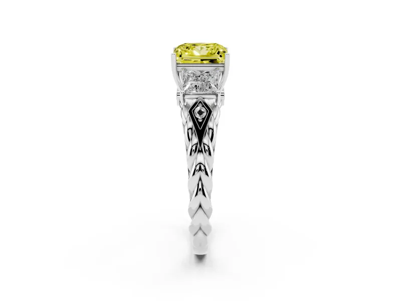 Fancy Yellow Princess Cut Diamond Three-Stone Ring Set in Platinum with Braided Band