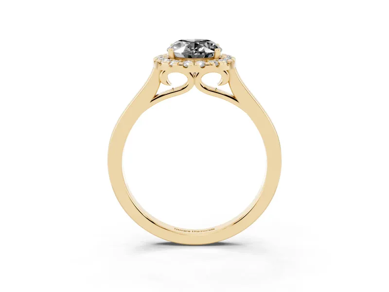 Fancy Black Oval Cut Halo Round Diamond Solitaire Ring Set in Yellow gold with Pavé Band and Prong Setting