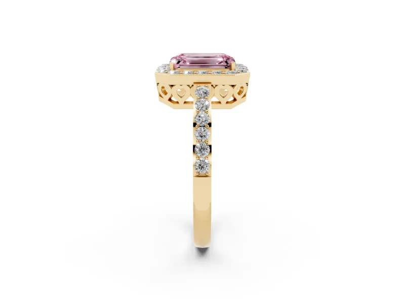 Fancy Pink Emerald Cut Diamond Halo Ring Set in Yellow gold with Pavé-Setting Band and Open Prong Center