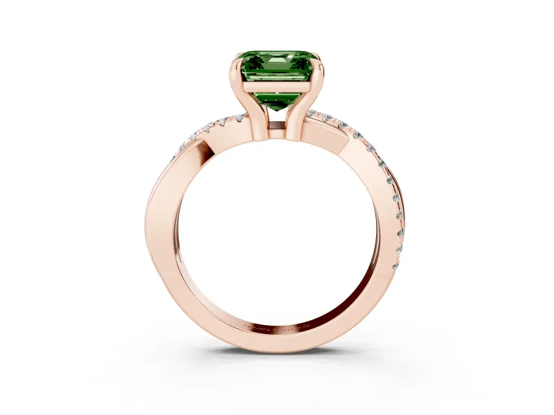 Fancy Green Asscher Cut Diamond Twist Band Solitaire Set in Rose gold with Pavé Accents and Prong Setting