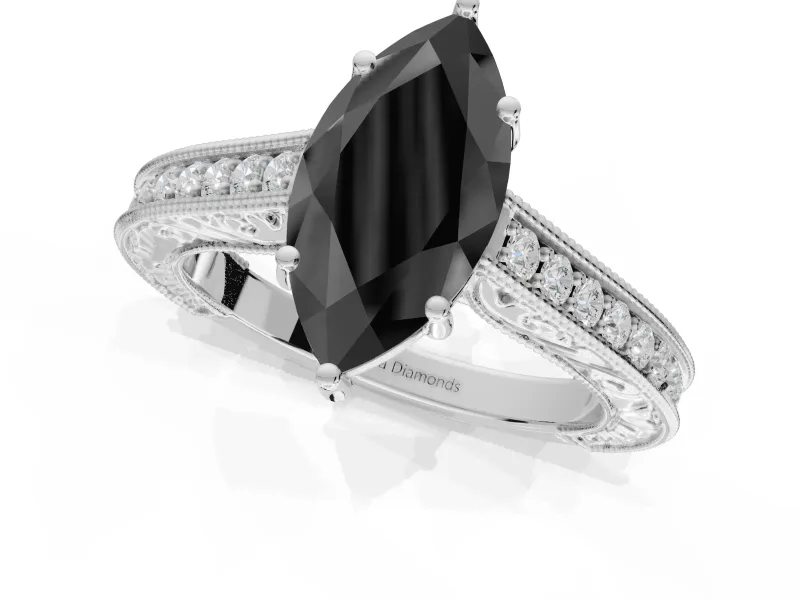Marquise Vintage Pavé Engagement Ring Setting for a Black Center | Sterling Silver