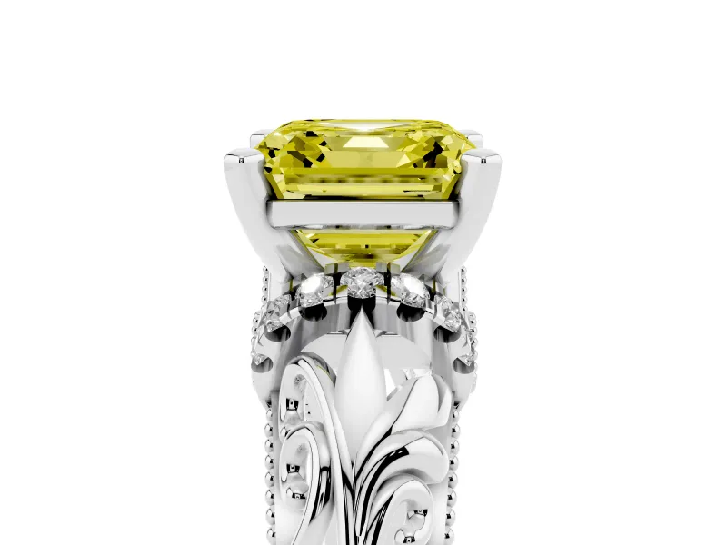 Fancy Yellow Asscher Cut Diamond Filigree Halo Engagement Ring Set in White gold with Prong Setting