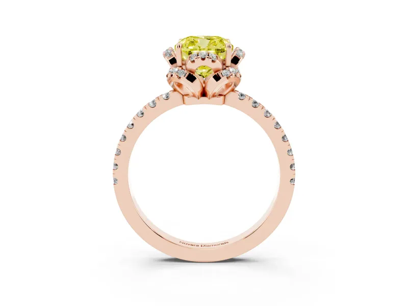 Cushion Cut Floral Petal Halo Engagement Ring Setting for a Fancy Yellow Lab-Grown Diamond | Pavé Band | Rose Gold