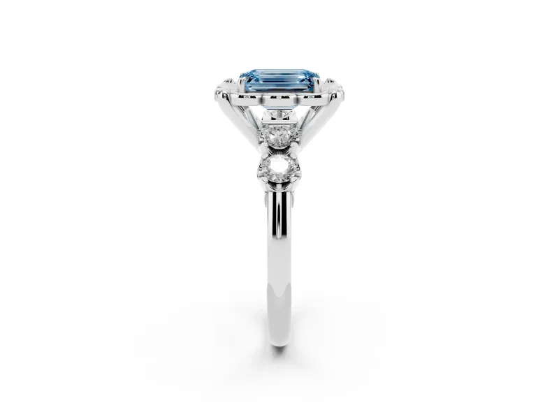 Emerald Cut Floral Engagement Ring Setting for a Fancy Blue Lab-Grown Diamond | Petal Frame and Side Stones | White Gold