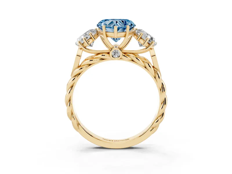 Heart-Shaped Three Stone Engagement Ring Setting for a Fancy Blue Lab-Grown Diamond | Braided Band | Yellow Gold
