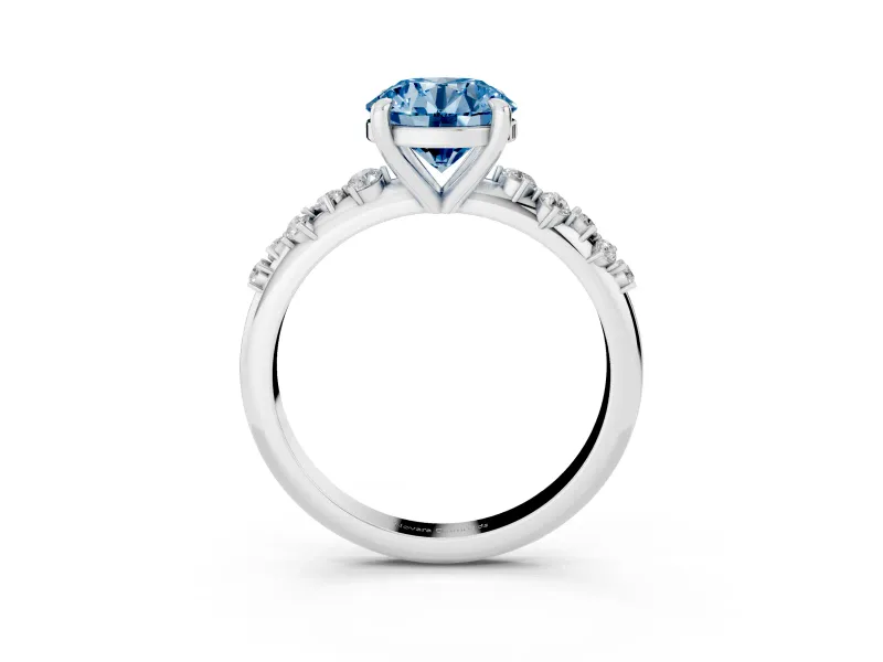 Fancy Blue Round Cut Diamond Solitaire Vine Band Ring Set in Platinum with Round Accents and Prong Setting