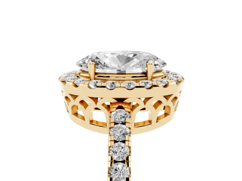 Oval Cut Diamond Pavé Band Halo Engagement Ring Set in Yellow gold with Prong Setting