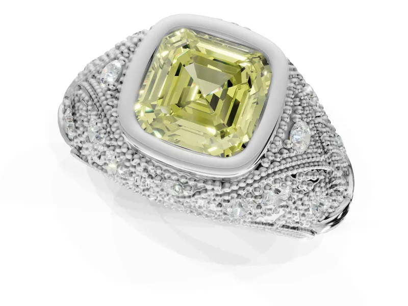 Asscher Cut Vintage Bezel Engagement Ring Setting for a Fancy Yellow Lab-Grown Diamond | Platinum