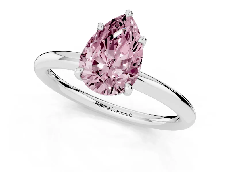 Fancy Pink Pear Cut Diamond Solitaire Ring Set in Platinum with Thin Band and Prong Setting