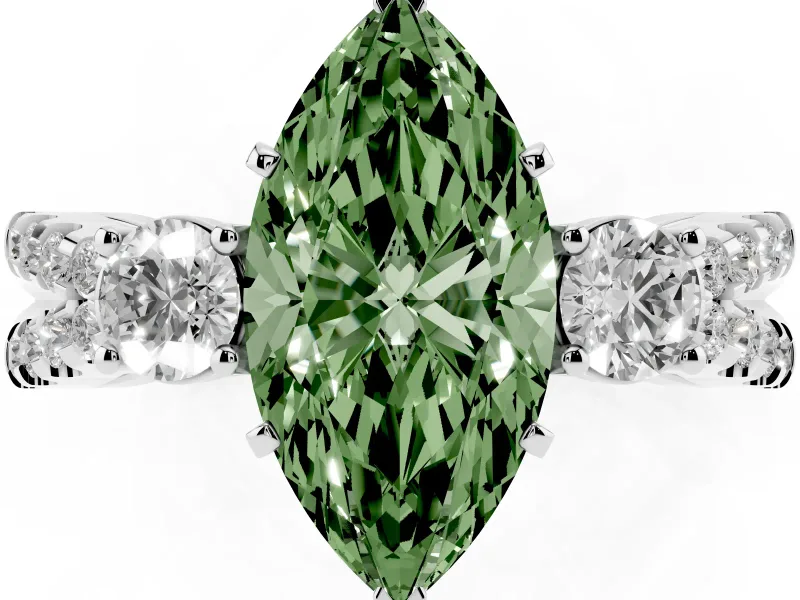 Fancy Green Marquise Cut Diamond Three-Stone Ring Set in Silver with Pavé Split Shank and Prong Setting