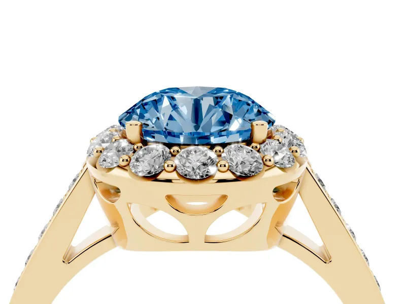 Fancy Blue Round Cut Diamond Floral Halo Ring Set in Yellow gold with Pavé Band and Prong Setting