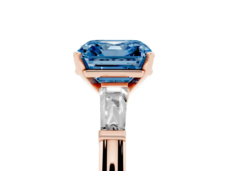 Asscher Cut Three Stone Engagement Ring Setting for a Fancy Blue Lab-Grown Diamond | Tapered Baguettes | Rose Gold