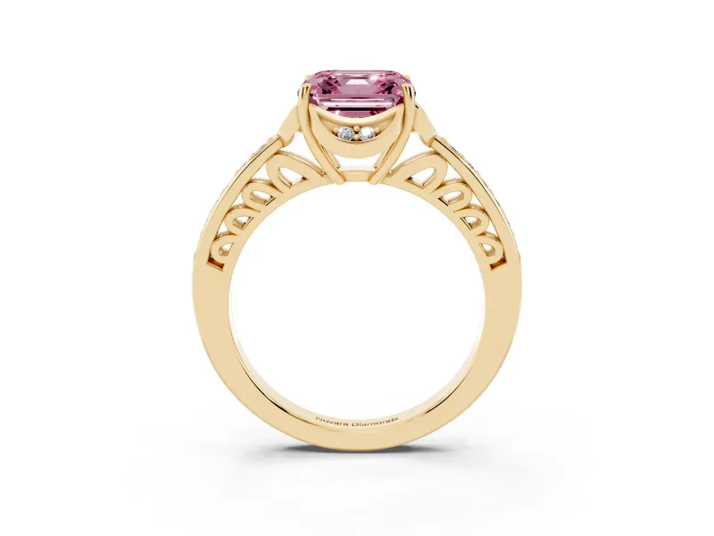 Asscher Cut Floral Pavé Engagement Ring Setting for a Fancy Pink Lab-Grown Diamond | Yellow Gold