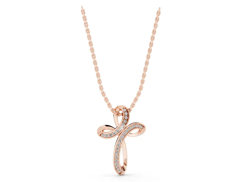 Round Lab-Grown Diamond Pavé Looped Cross Pendant Necklace | Ribbon Loops | Rose Gold