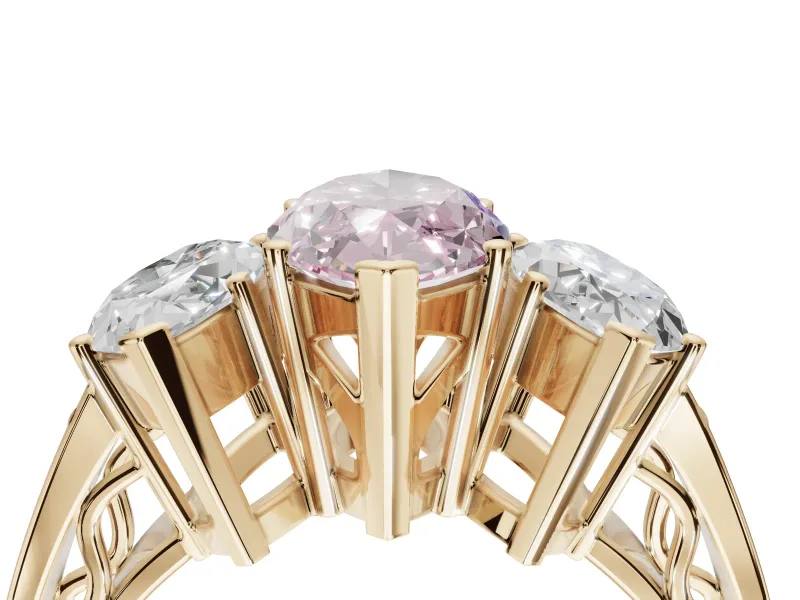 Marquise Three Stone Engagement Ring Setting for a Fancy Pink Lab-Grown Diamond | Beaded Shoulders | Yellow Gold