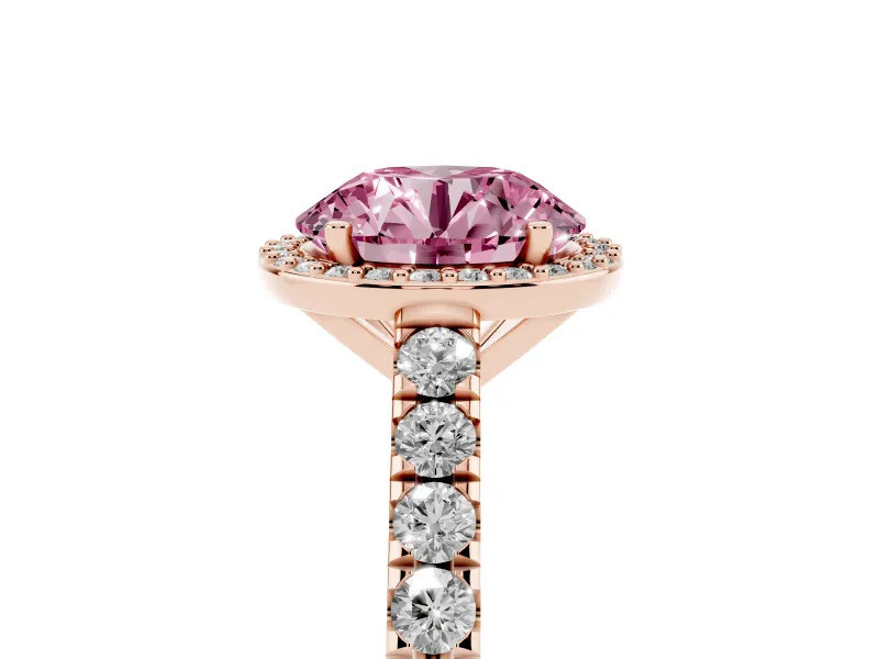 Fancy Pink Round Cut Diamond Halo Engagement Ring Set in Rose gold with Pavé Band and Prong Setting