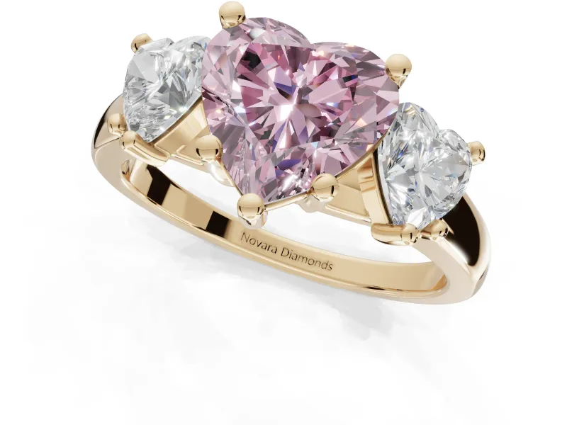 Heart-Shaped Three Stone Engagement Ring Setting for a Fancy Pink Lab-Grown Diamond | Tapered Band | Yellow Gold