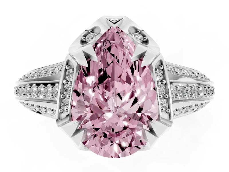 Fancy Pink Pear Cut Diamond Pavé Split Shank Solitaire Ring Set in Silver with Prong Setting