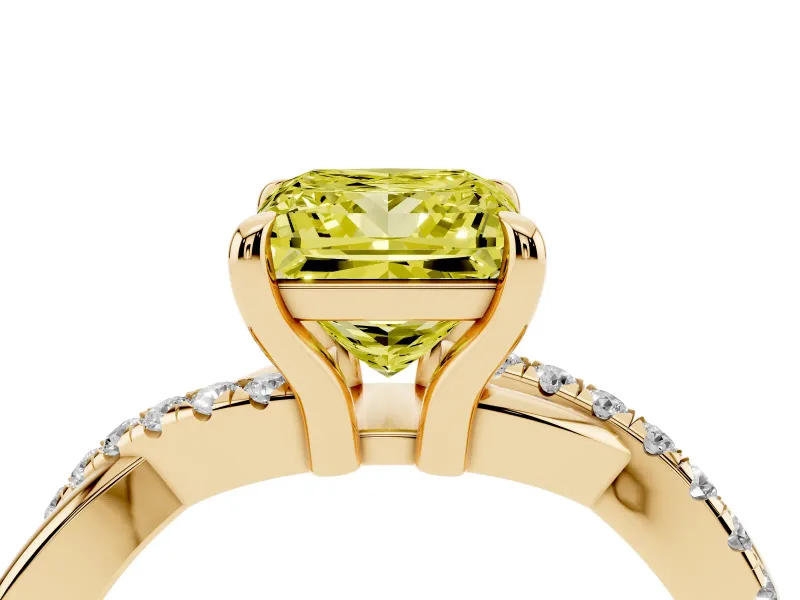 Fancy Yellow Princess Cut Diamond Twist Band Solitaire Set in Yellow gold with Pavé Accents and Prong Setting