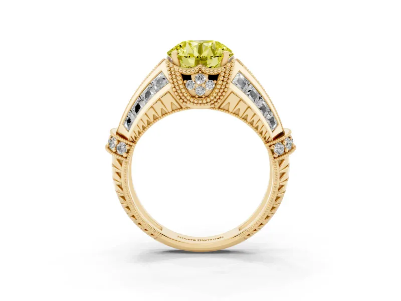 Fancy Yellow Round Cut Diamond Vintage-Inspired Milgrain Ring Set in Yellow gold with Accent Split Shank