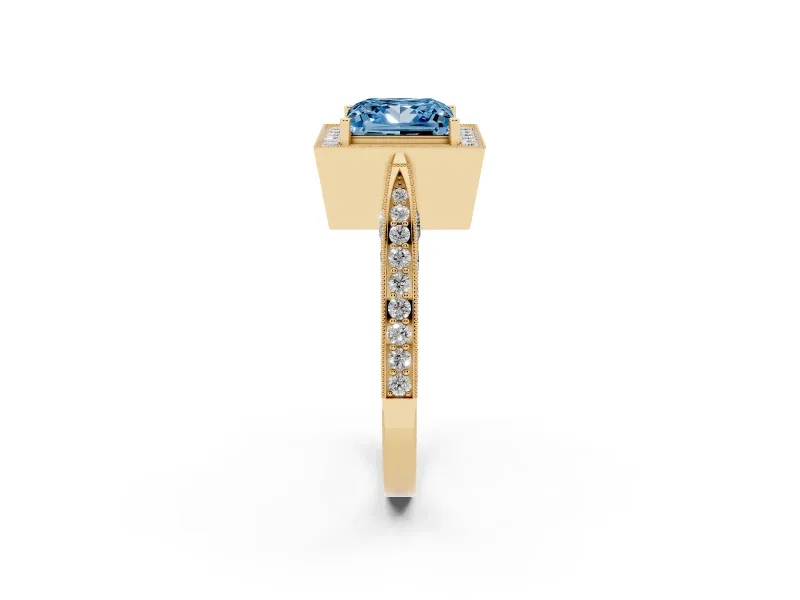 Princess Cut Milgrain Halo Engagement Ring Setting for a Fancy Blue Lab-Grown Diamond | Side Stones | Yellow Gold